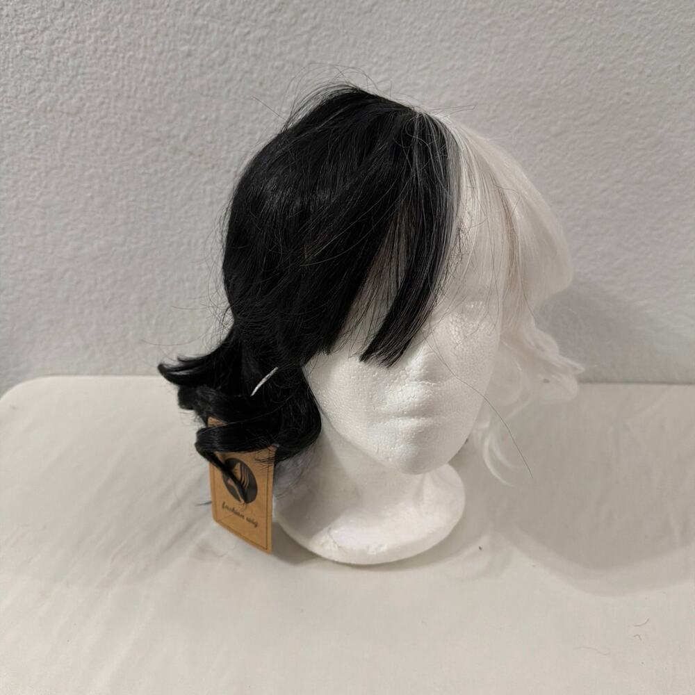 Black and White two toned Synthetic short curly wig with bangs